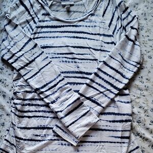 Blue and White Fitted Ribbed Long Sleeve Top